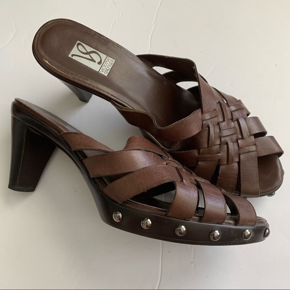 Victoria Spencer Sandals 9.5M Limits Strappy Leather Mule High Heel Dark Brown